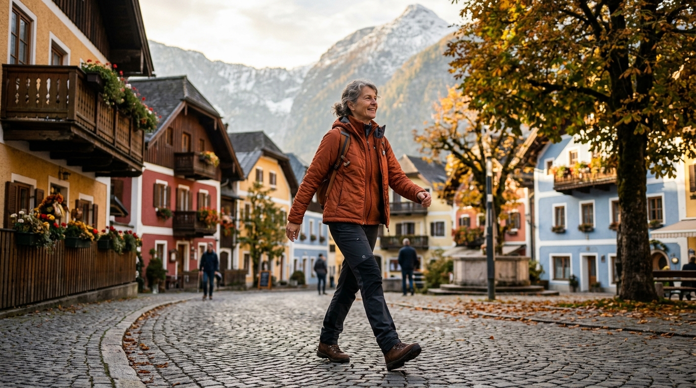 Aktive Frau beim Spaziergang im Alpenort