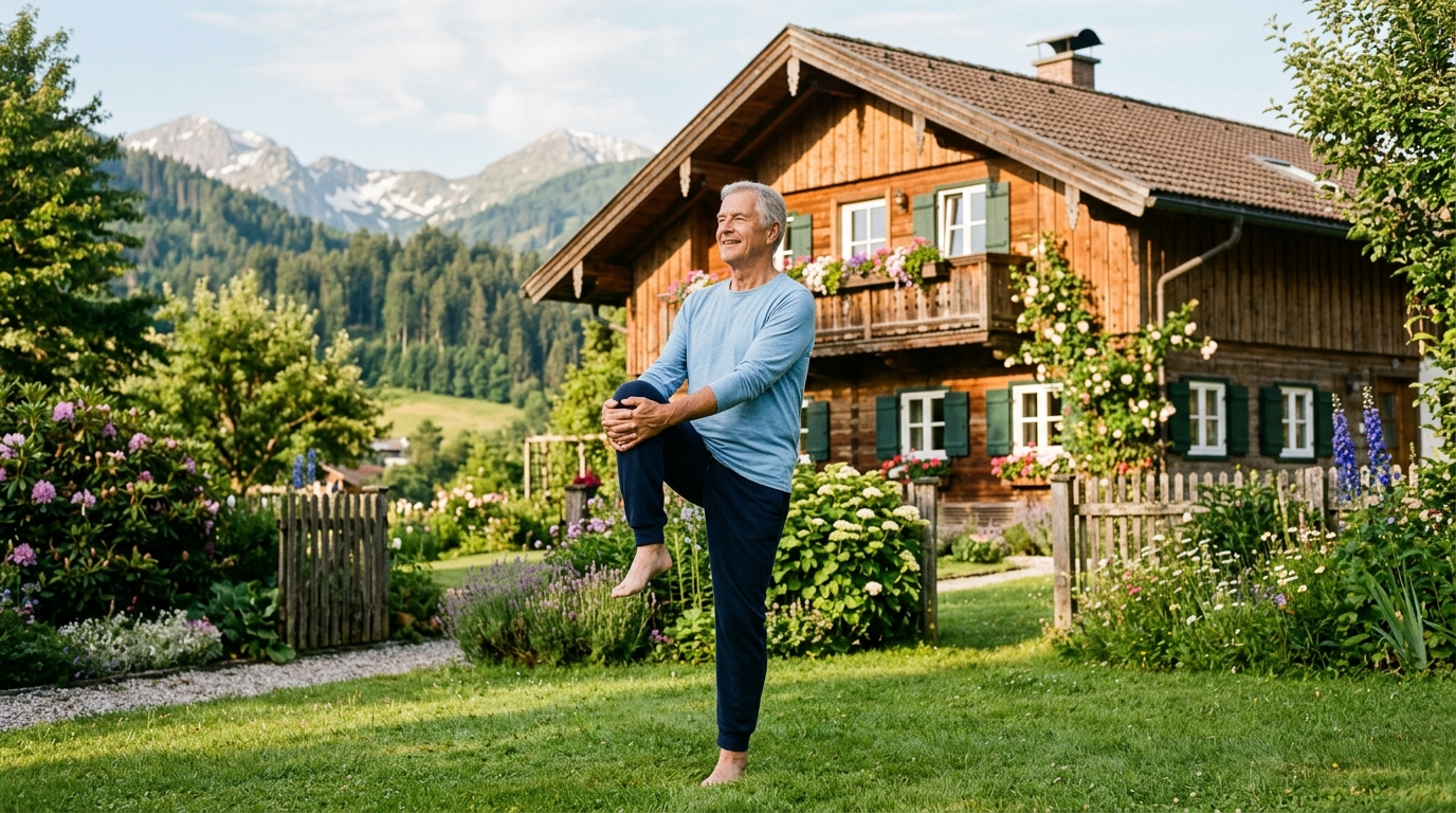 Älterer Mann bei Morgengymnastik im Garten
